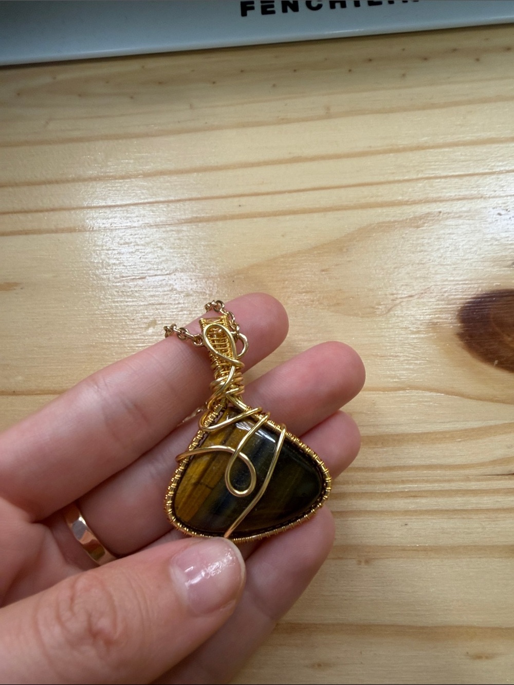 Custom Gold Wire-Wrapped Tiger Eye Pendant Necklace